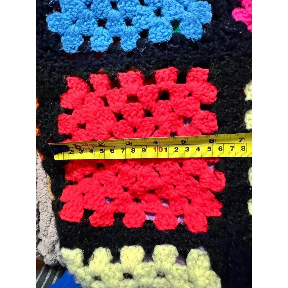 Crochet Granny Square Blanket Boho Multicolor Fringe Throw 100